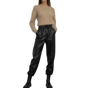 Loft Petites Faux Leather Drawstring Pants Black Size LP Quiet Luxury High Waist
